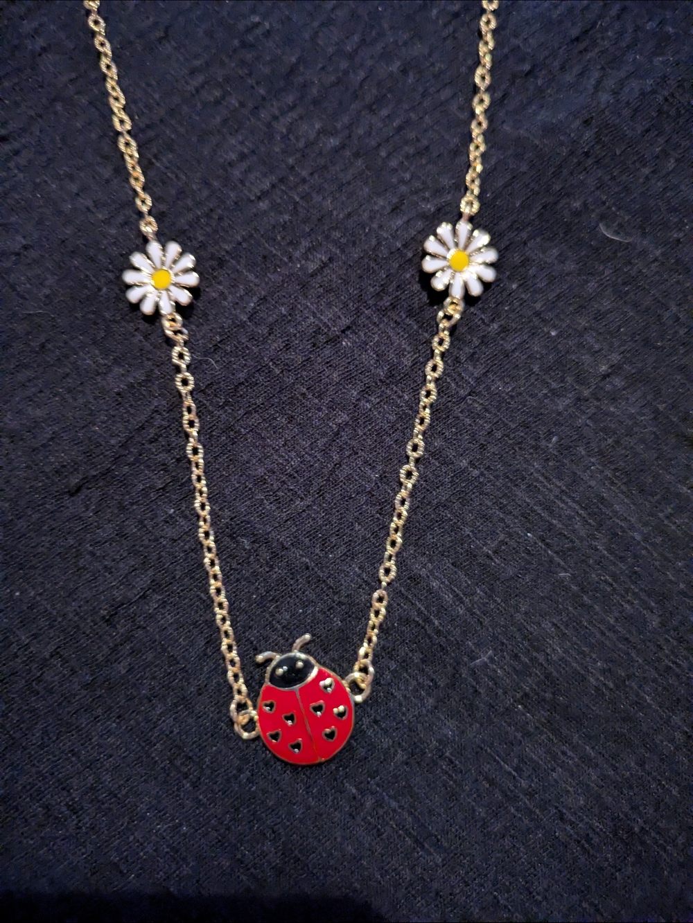 Gold Daisy and Red Ladybug Necklace - Women Jewelry